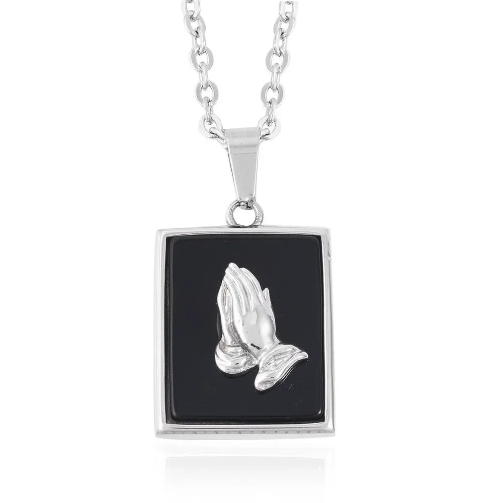 Enhanced Black Agate Stainless Steel Ring Pendant